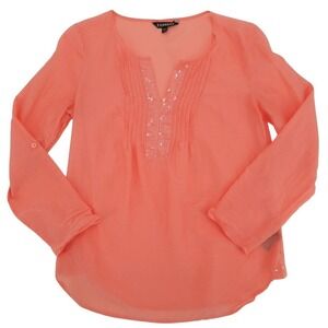 Express Women's Coral Sequined Roll-Tab Sleeve Silk Cotton Shirt Size XS
